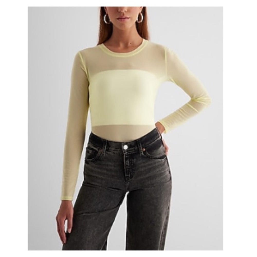 NWT Express Mesh Crew Neck Long Sleeve Bodysuit in Yellow XS Semi Sheer Thong